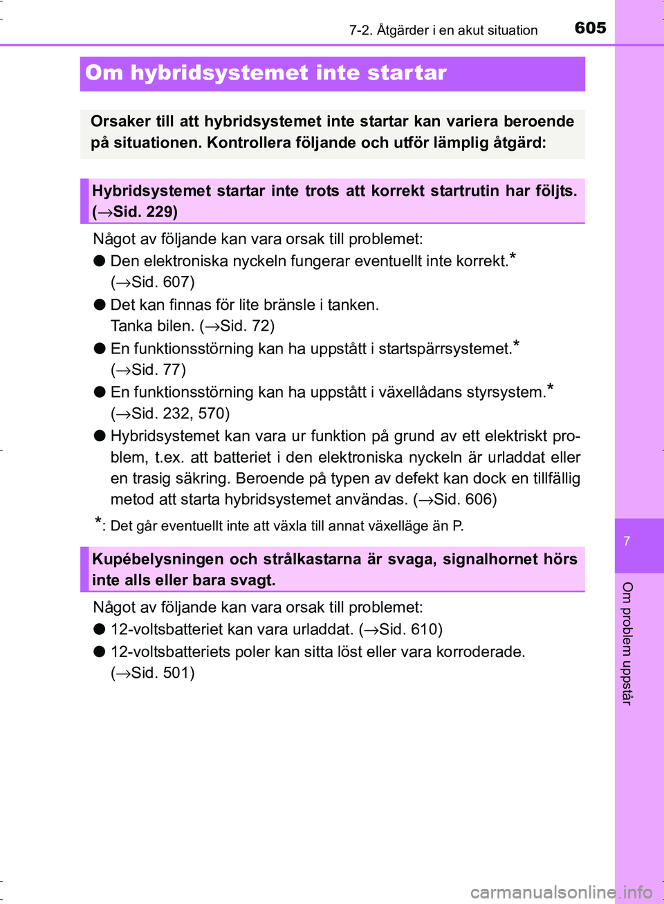 TOYOTA PRIUS 2017 Bruksanvisningar (in Swedish) 6057-2. Åtgärder i en akut situation
OM47B56SE
7
Om problem uppstår
Om hybridsystemet inte star tar
Något av följande kan vara orsak till problemet:
● Den elektroniska nyck eln fungerar eventue TOYOTA PRIUS 2017 Bruksanvisningar (in Swedish) 6057-2. Åtgärder i en akut situation
OM47B56SE
7
Om problem uppstår
Om hybridsystemet inte star tar
Något av följande kan vara orsak till problemet:
● Den elektroniska nyck eln fungerar eventue