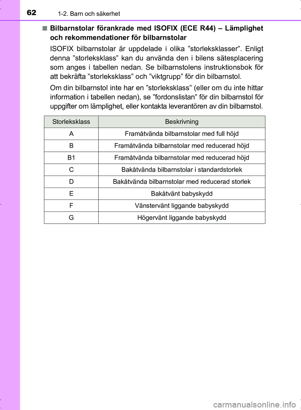 TOYOTA PRIUS 2017 Bruksanvisningar (in Swedish) 621-2. Barn och säkerhet
OM47B56SE■
Bilbarnstolar förankrade med IS
OFIX (ECE R44) – Lämplighet
och rekommendationer för bilbarnstolar
ISOFIX bilbarnstolar är uppdelade i olika ”storlekskl TOYOTA PRIUS 2017 Bruksanvisningar (in Swedish) 621-2. Barn och säkerhet
OM47B56SE■
Bilbarnstolar förankrade med IS
OFIX (ECE R44) – Lämplighet
och rekommendationer för bilbarnstolar
ISOFIX bilbarnstolar är uppdelade i olika ”storlekskl