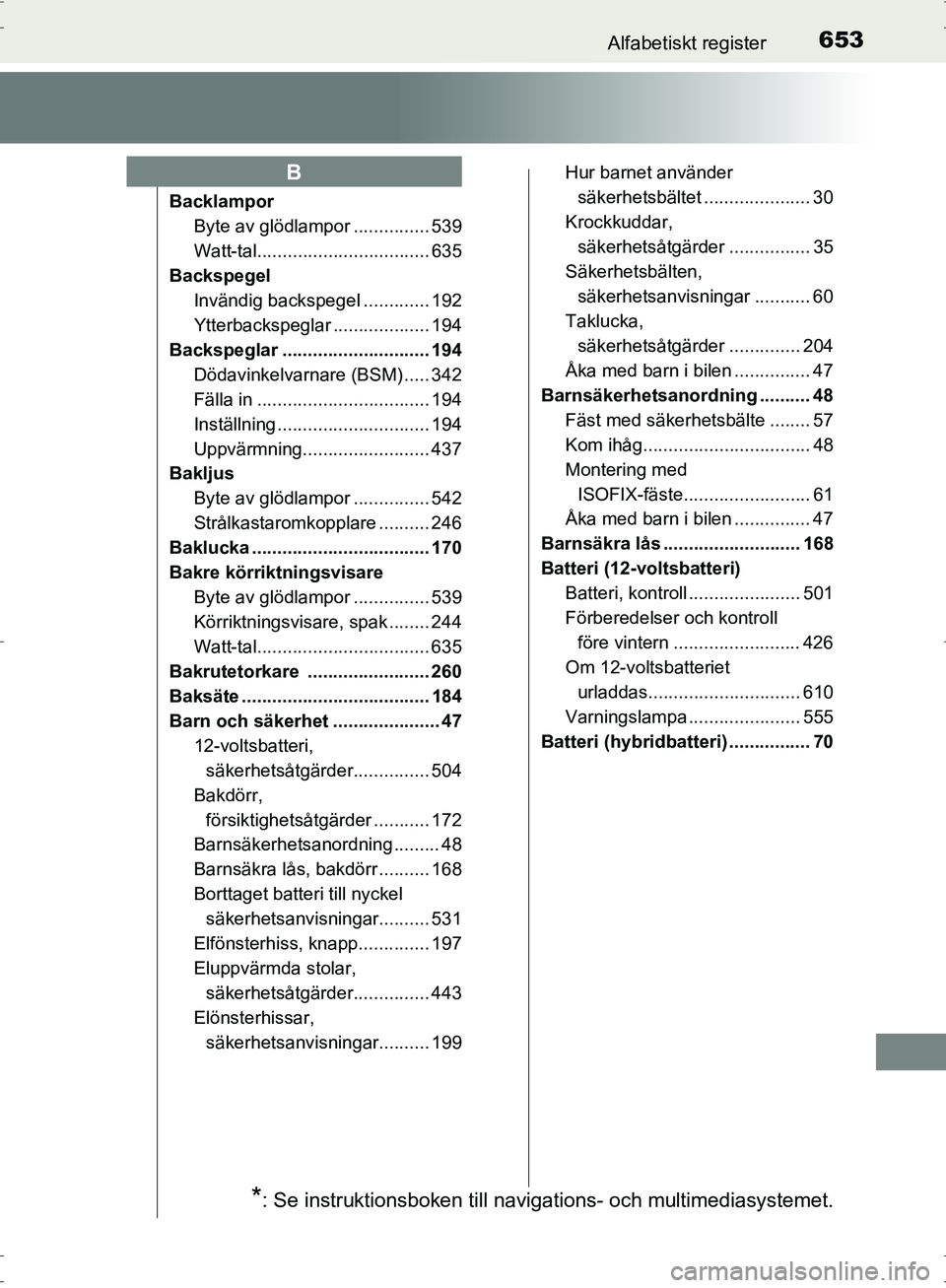 TOYOTA PRIUS 2017 Bruksanvisningar (in Swedish) 653Alfabetiskt register
OM47B56SE
BacklamporByte av glödlampor ............... 539
Watt-tal.................................. 635
Backspegel Invändig backspegel ............. 192
Ytterbackspeglar .. TOYOTA PRIUS 2017 Bruksanvisningar (in Swedish) 653Alfabetiskt register
OM47B56SE
BacklamporByte av glödlampor ............... 539
Watt-tal.................................. 635
Backspegel Invändig backspegel ............. 192
Ytterbackspeglar ..