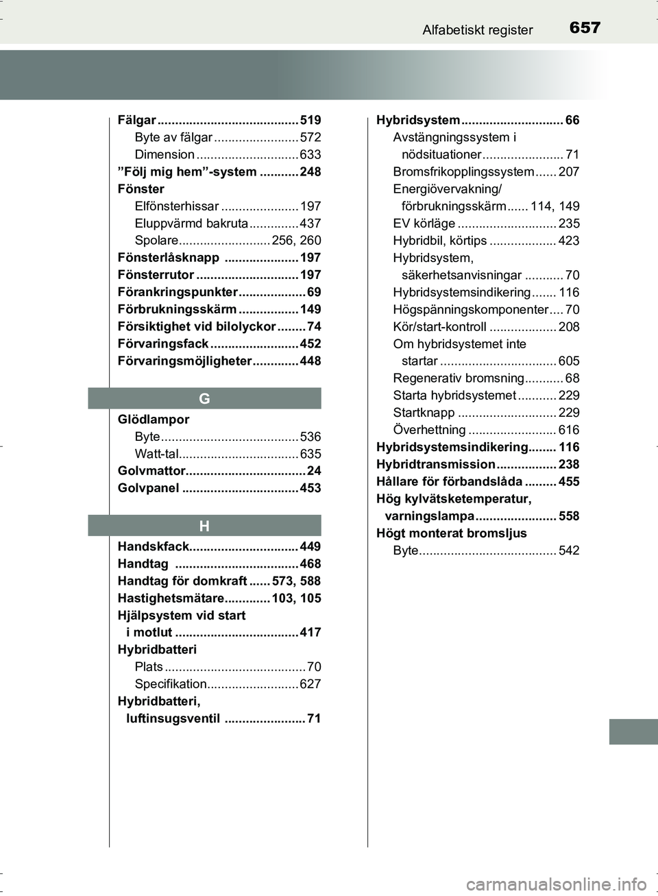 TOYOTA PRIUS 2017 Bruksanvisningar (in Swedish) 657Alfabetiskt register
OM47B56SE
Fälgar ........................................ 519Byte av fälgar ........................ 572
Dimension ............................. 633
”Följ mig hem”-syste TOYOTA PRIUS 2017 Bruksanvisningar (in Swedish) 657Alfabetiskt register
OM47B56SE
Fälgar ........................................ 519Byte av fälgar ........................ 572
Dimension ............................. 633
”Följ mig hem”-syste