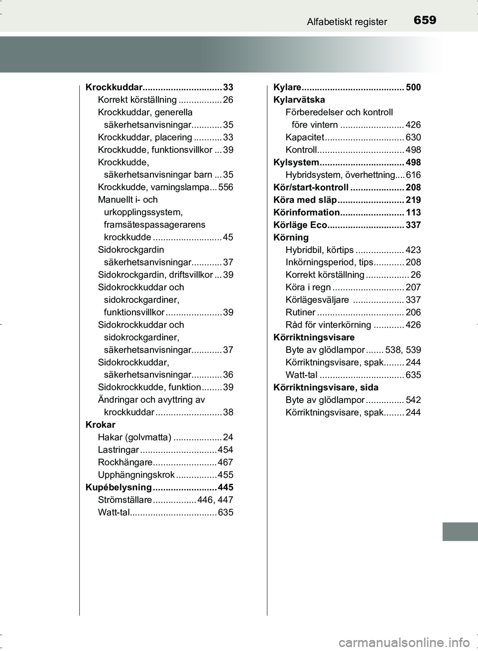 TOYOTA PRIUS 2017 Bruksanvisningar (in Swedish) 659Alfabetiskt register
OM47B56SE
Krockkuddar............................... 33Korrekt körställning ................. 26
Krockkuddar, generella
säkerhetsanvisningar............ 35
Krockkuddar, pla TOYOTA PRIUS 2017 Bruksanvisningar (in Swedish) 659Alfabetiskt register
OM47B56SE
Krockkuddar............................... 33Korrekt körställning ................. 26
Krockkuddar, generella
säkerhetsanvisningar............ 35
Krockkuddar, pla