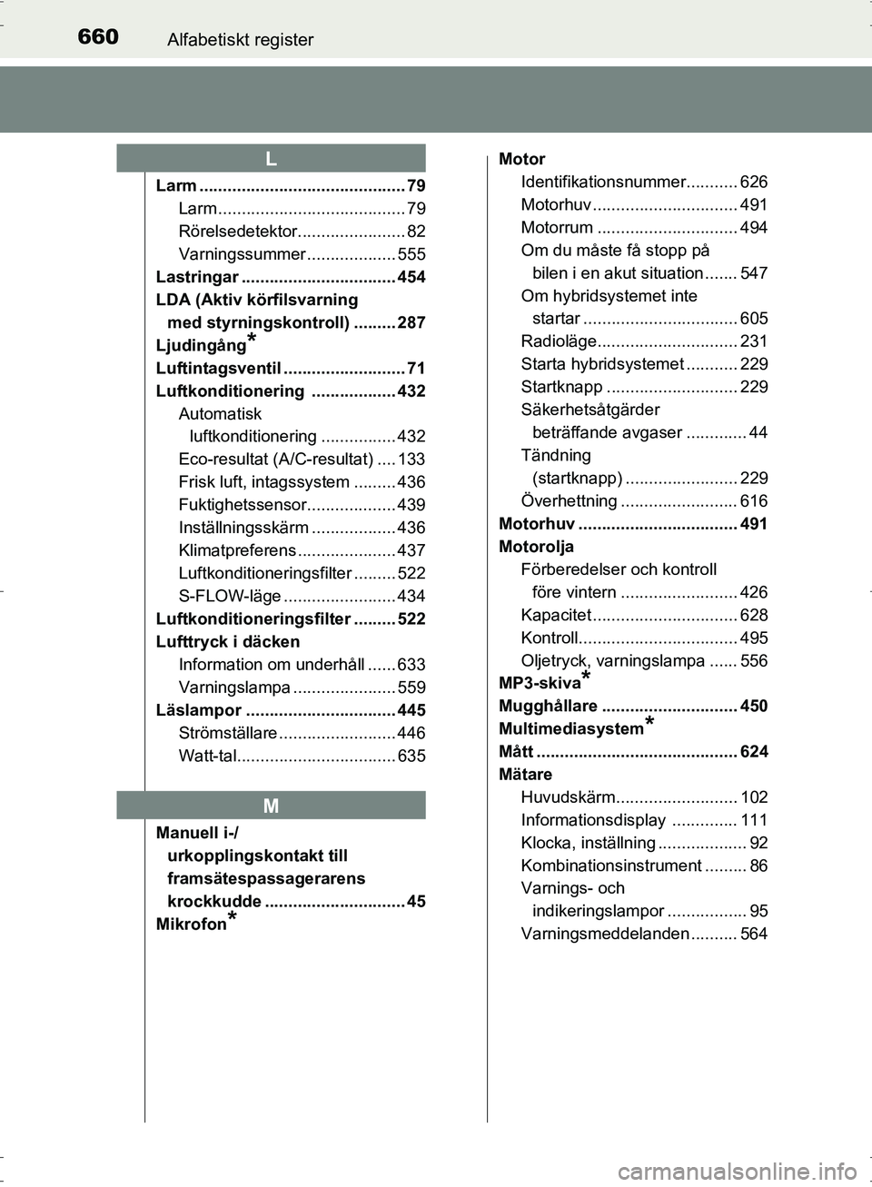 TOYOTA PRIUS 2017  Bruksanvisningar (in Swedish) 660Alfabetiskt register
OM47B56SE
Larm ............................................ 79Larm ........................................ 79
Rörelsedetektor....................... 82
Varningssummer .......