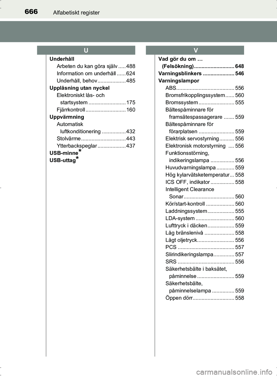 TOYOTA PRIUS 2017 Bruksanvisningar (in Swedish) 666Alfabetiskt register
OM47B56SE
UnderhållArbeten du kan göra själv ..... 488
Information om underhåll ...... 624
Underhåll, behov ................... 485
Upplåsning ut an nyckel
Elektroniskt l TOYOTA PRIUS 2017 Bruksanvisningar (in Swedish) 666Alfabetiskt register
OM47B56SE
UnderhållArbeten du kan göra själv ..... 488
Information om underhåll ...... 624
Underhåll, behov ................... 485
Upplåsning ut an nyckel
Elektroniskt l