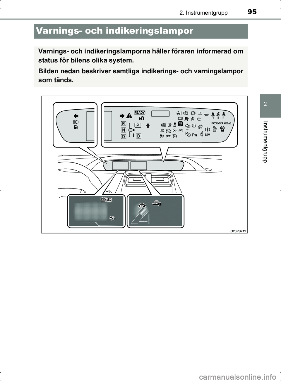 TOYOTA PRIUS 2017 Bruksanvisningar (in Swedish) 95
2
2. Instrumentgrupp
Instrumentgrupp
OM47B56SE
Varnings- och indikeringslampor
Varnings- och indikeringslamporna håller föraren informerad om
status för bilens olika system.
Bilden nedan beskriv TOYOTA PRIUS 2017 Bruksanvisningar (in Swedish) 95
2
2. Instrumentgrupp
Instrumentgrupp
OM47B56SE
Varnings- och indikeringslampor
Varnings- och indikeringslamporna håller föraren informerad om
status för bilens olika system.
Bilden nedan beskriv