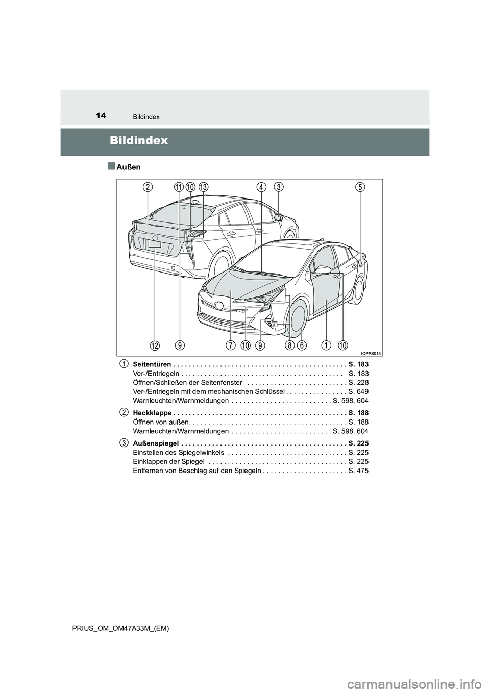 TOYOTA PRIUS 2016 Betriebsanleitungen (in German) 14Bildindex
PRIUS_OM_OM47A33M_(EM)
Bildindex
■Außen
Seitentüren . . . . . . . . . . . . . . . . . . . . . . . . . . . . . . . . . . . . . . . . . . . . . S. 183
Ver-/Entriegeln . . . . . . . . . . TOYOTA PRIUS 2016 Betriebsanleitungen (in German) 14Bildindex
PRIUS_OM_OM47A33M_(EM)
Bildindex
■Außen
Seitentüren . . . . . . . . . . . . . . . . . . . . . . . . . . . . . . . . . . . . . . . . . . . . . S. 183
Ver-/Entriegeln . . . . . . . . . .