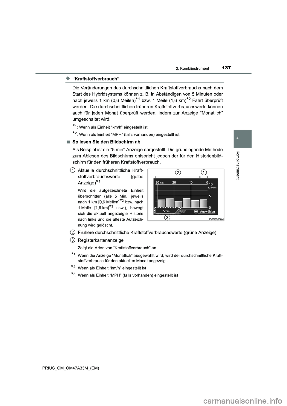 TOYOTA PRIUS 2016 Betriebsanleitungen (in German) 1372. Kombiinstrument
2
Kombiinstrument
PRIUS_OM_OM47A33M_(EM)
◆“Kraftstoffverbrauch”
Die Veränderungen des durchschnittlichen Kraftstoffverbrauchs nach dem
Start des Hybridsystems können z. B TOYOTA PRIUS 2016 Betriebsanleitungen (in German) 1372. Kombiinstrument
2
Kombiinstrument
PRIUS_OM_OM47A33M_(EM)
◆“Kraftstoffverbrauch”
Die Veränderungen des durchschnittlichen Kraftstoffverbrauchs nach dem
Start des Hybridsystems können z. B