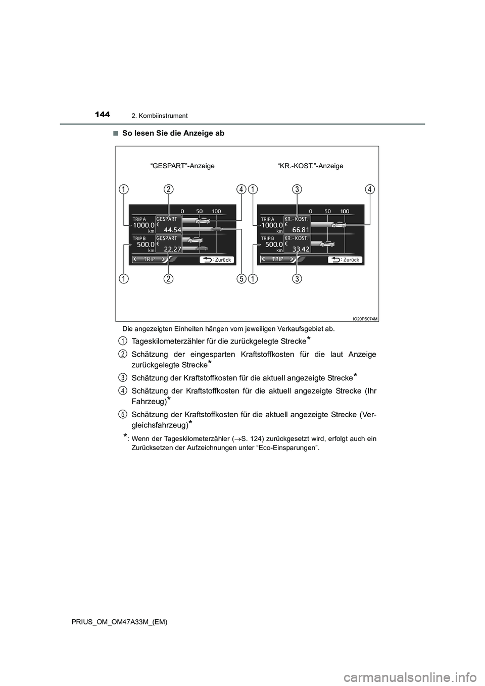 TOYOTA PRIUS 2016 Betriebsanleitungen (in German) 1442. Kombiinstrument
PRIUS_OM_OM47A33M_(EM)■
So lesen Sie die Anzeige ab
Die angezeigten Einheiten hängen vom jeweiligen Verkaufsgebiet ab.
Tageskilometerzähler für die zurückgelegte Strecke*
S TOYOTA PRIUS 2016 Betriebsanleitungen (in German) 1442. Kombiinstrument
PRIUS_OM_OM47A33M_(EM)■
So lesen Sie die Anzeige ab
Die angezeigten Einheiten hängen vom jeweiligen Verkaufsgebiet ab.
Tageskilometerzähler für die zurückgelegte Strecke*
S