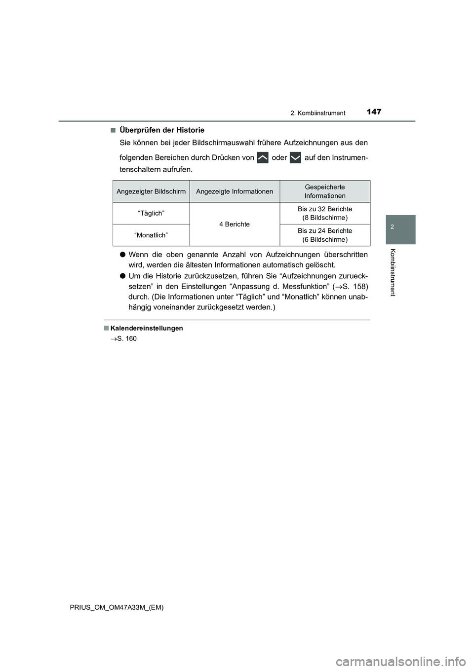 TOYOTA PRIUS 2016 Betriebsanleitungen (in German) 1472. Kombiinstrument
2
Kombiinstrument
PRIUS_OM_OM47A33M_(EM)■
Überprüfen der Historie
Sie können bei jeder Bildschirmauswahl frühere Aufzeichnungen aus den
folgenden Bereichen durch Drücken v TOYOTA PRIUS 2016 Betriebsanleitungen (in German) 1472. Kombiinstrument
2
Kombiinstrument
PRIUS_OM_OM47A33M_(EM)■
Überprüfen der Historie
Sie können bei jeder Bildschirmauswahl frühere Aufzeichnungen aus den
folgenden Bereichen durch Drücken v