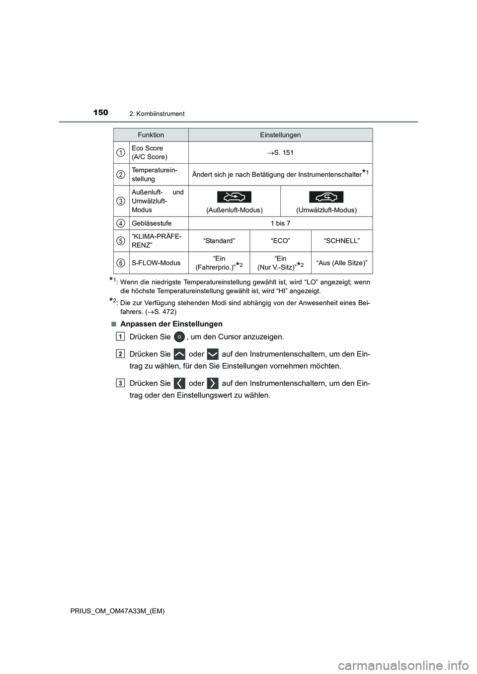 TOYOTA PRIUS 2016 Betriebsanleitungen (in German) 1502. Kombiinstrument
PRIUS_OM_OM47A33M_(EM)
*1: Wenn die niedrigste Temperatureinstellung gewählt ist, wird “LO” angezeigt; wenndie höchste Temperatureinstellung gewählt ist, wird “HI” ang TOYOTA PRIUS 2016 Betriebsanleitungen (in German) 1502. Kombiinstrument
PRIUS_OM_OM47A33M_(EM)
*1: Wenn die niedrigste Temperatureinstellung gewählt ist, wird “LO” angezeigt; wenndie höchste Temperatureinstellung gewählt ist, wird “HI” ang
