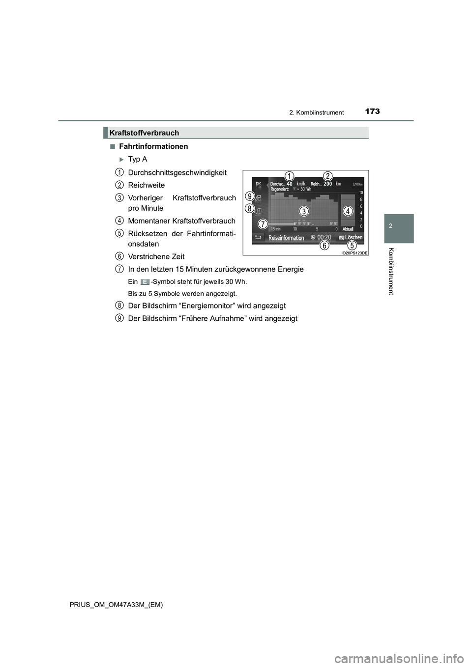TOYOTA PRIUS 2016  Betriebsanleitungen (in German) 1732. Kombiinstrument
2
Kombiinstrument
PRIUS_OM_OM47A33M_(EM)■
Fahrtinformationen
�XTyp  A
Durchschnittsgeschwindigkeit
Reichweite
Vorheriger Kraftstoffverbrauch
pro Minute
Momentaner Kraftstoffver
