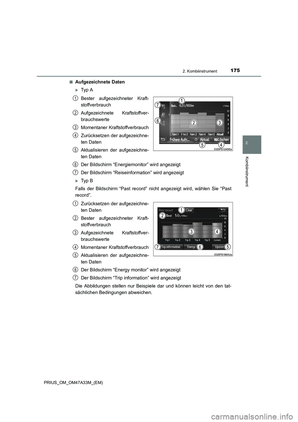 TOYOTA PRIUS 2016  Betriebsanleitungen (in German) 1752. Kombiinstrument
2
Kombiinstrument
PRIUS_OM_OM47A33M_(EM)■
Aufgezeichnete Daten
�XTyp  A
Bester aufgezeichneter Kraft-
stoffverbrauch
Aufgezeichnete Kraftstoffver-
brauchswerte
Momentaner Kraft