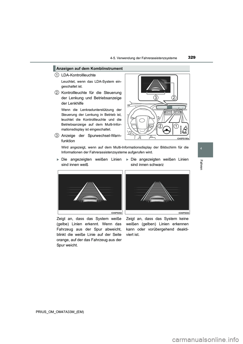 TOYOTA PRIUS 2016  Betriebsanleitungen (in German) 3294-5. Verwendung der Fahrerassistenzsysteme
4
Fahren
PRIUS_OM_OM47A33M_(EM)
LDA-Kontrollleuchte
Leuchtet, wenn das LDA-System ein-
geschaltet ist.
Kontrollleuchte für die Steuerung
der Lenkung und 