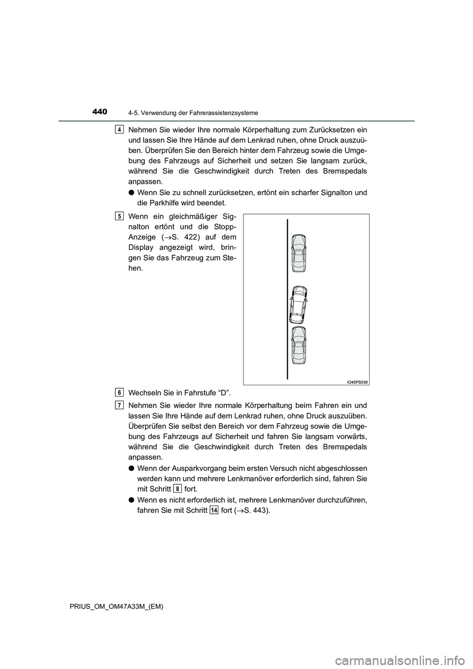 TOYOTA PRIUS 2016 Betriebsanleitungen (in German) 4404-5. Verwendung der Fahrerassistenzsysteme
PRIUS_OM_OM47A33M_(EM)
Nehmen Sie wieder Ihre normale Körperhaltung zum Zurücksetzen ein
und lassen Sie Ihre Hände auf dem Lenkrad ruhen, ohne Druck au TOYOTA PRIUS 2016 Betriebsanleitungen (in German) 4404-5. Verwendung der Fahrerassistenzsysteme
PRIUS_OM_OM47A33M_(EM)
Nehmen Sie wieder Ihre normale Körperhaltung zum Zurücksetzen ein
und lassen Sie Ihre Hände auf dem Lenkrad ruhen, ohne Druck au