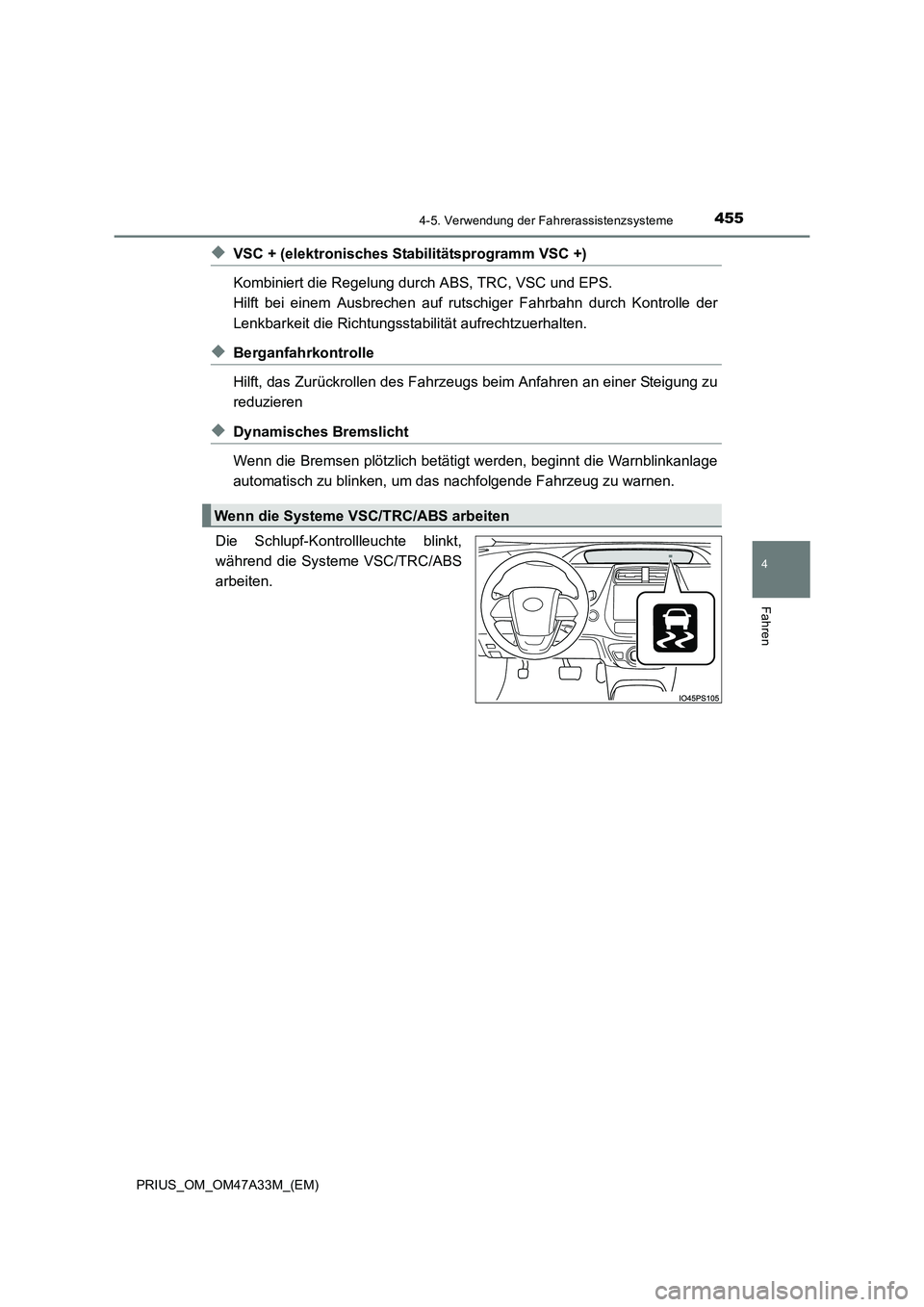 TOYOTA PRIUS 2016 Betriebsanleitungen (in German) 4554-5. Verwendung der Fahrerassistenzsysteme
4
Fahren
PRIUS_OM_OM47A33M_(EM)
◆VSC + (elektronisches Stabilitätsprogramm VSC +)
Kombiniert die Regelung durch ABS, TRC, VSC und EPS.
Hilft bei einem TOYOTA PRIUS 2016 Betriebsanleitungen (in German) 4554-5. Verwendung der Fahrerassistenzsysteme
4
Fahren
PRIUS_OM_OM47A33M_(EM)
◆VSC + (elektronisches Stabilitätsprogramm VSC +)
Kombiniert die Regelung durch ABS, TRC, VSC und EPS.
Hilft bei einem
