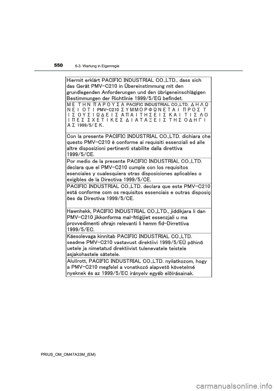 TOYOTA PRIUS 2016 Betriebsanleitungen (in German) 5506-3. Wartung in Eigenregie
PRIUS_OM_OM47A33M_(EM) TOYOTA PRIUS 2016 Betriebsanleitungen (in German) 5506-3. Wartung in Eigenregie
PRIUS_OM_OM47A33M_(EM)