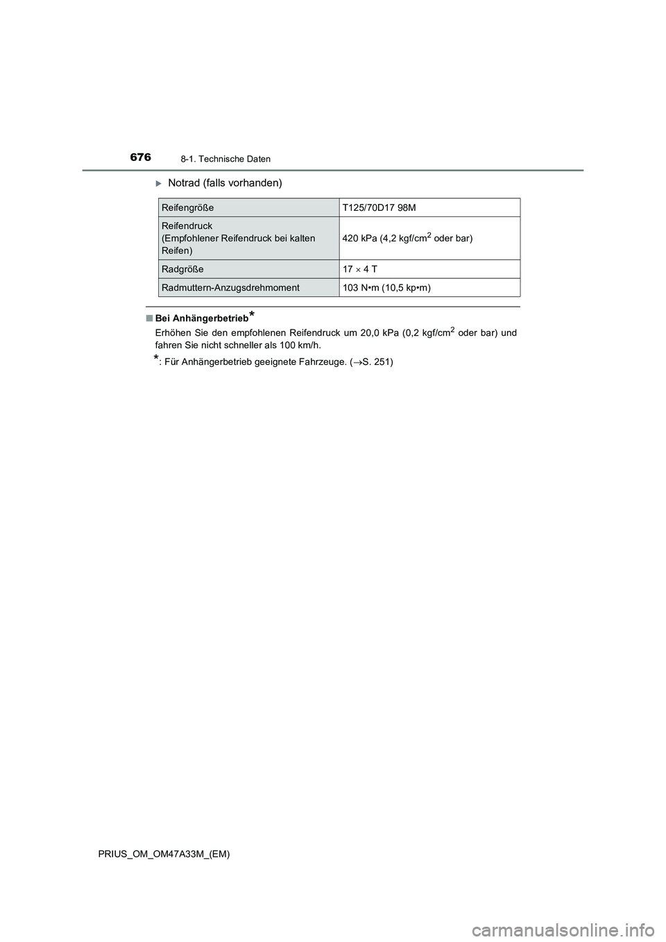TOYOTA PRIUS 2016  Betriebsanleitungen (in German) 6768-1. Technische Daten
PRIUS_OM_OM47A33M_(EM)
�XNotrad (falls vorhanden)
■Bei Anhängerbetrieb*
Erhöhen Sie den empfohlenen Reifendruck um 20,0 kPa (0,2 kgf/cm2 oder bar) und
fahren Sie nicht sch