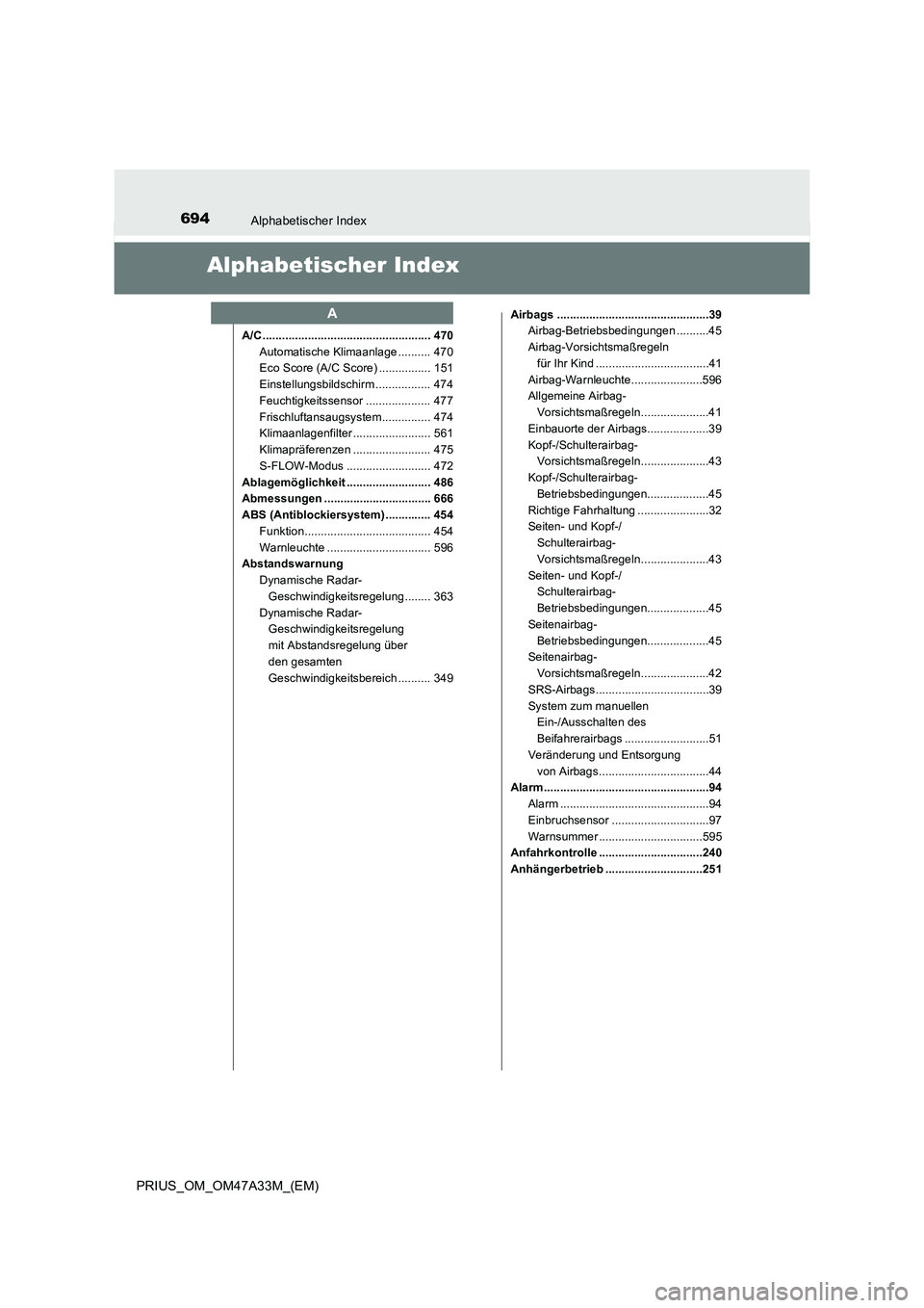 TOYOTA PRIUS 2016 Betriebsanleitungen (in German) 694Alphabetischer Index
PRIUS_OM_OM47A33M_(EM)
Alphabetischer Index
A/C .................................................... 470Automatische Klimaanlage .......... 470
Eco Score (A/C Score) .......... TOYOTA PRIUS 2016 Betriebsanleitungen (in German) 694Alphabetischer Index
PRIUS_OM_OM47A33M_(EM)
Alphabetischer Index
A/C .................................................... 470Automatische Klimaanlage .......... 470
Eco Score (A/C Score) ..........