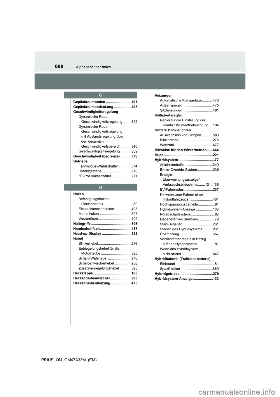TOYOTA PRIUS 2016 Betriebsanleitungen (in German) 698Alphabetischer Index
PRIUS_OM_OM47A33M_(EM)
Gepäckraumboden ......................... 491
Gepäckraumabdeckung ................. 495
GeschwindigkeitsregelungDynamische Radar- Geschwindigkeitsregel TOYOTA PRIUS 2016 Betriebsanleitungen (in German) 698Alphabetischer Index
PRIUS_OM_OM47A33M_(EM)
Gepäckraumboden ......................... 491
Gepäckraumabdeckung ................. 495
GeschwindigkeitsregelungDynamische Radar- Geschwindigkeitsregel