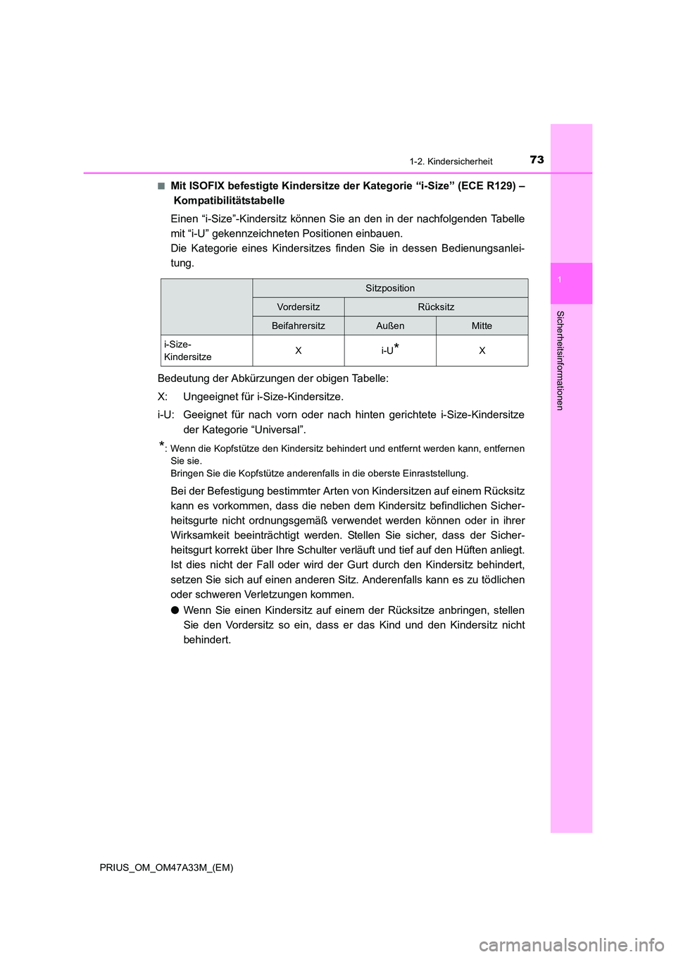 TOYOTA PRIUS 2016  Betriebsanleitungen (in German) 731-2. Kindersicherheit
1
PRIUS_OM_OM47A33M_(EM)
Sicherheitsinformationen
■Mit ISOFIX befestigte Kindersitze der Kategorie “i-Size” (ECE R129) –
Kompatibilitätstabelle
Einen “i-Size”-Kind