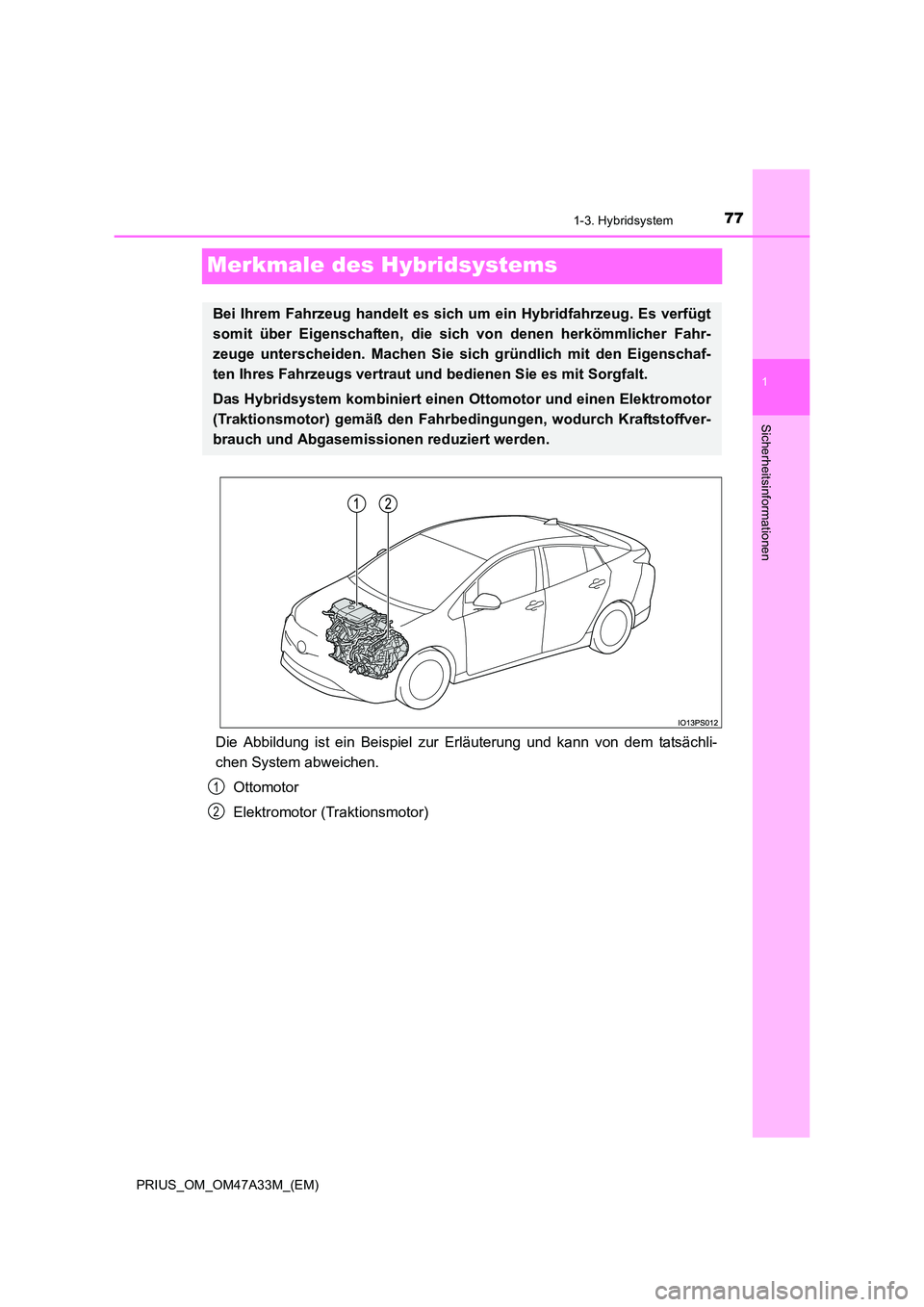TOYOTA PRIUS 2016  Betriebsanleitungen (in German) 77
1
1-3. Hybridsystem
PRIUS_OM_OM47A33M_(EM)
Sicherheitsinformationen
Merkmale des Hybridsystems
Die Abbildung ist ein Beispiel zur Erläuterung und kann von dem tatsächli-
chen System abweichen.
Ot