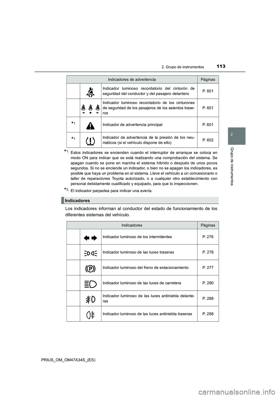 TOYOTA PRIUS 2015 Manual del propietario (in Spanish) 1132. Grupo de instrumentos
2
Grupo de instrumentos
PRIUS_OM_OM47A34S_(ES)
*1: Estos indicadores se encienden cuando el interruptor de arranque se coloca enmodo ON para indicar que se está realizando TOYOTA PRIUS 2015 Manual del propietario (in Spanish) 1132. Grupo de instrumentos
2
Grupo de instrumentos
PRIUS_OM_OM47A34S_(ES)
*1: Estos indicadores se encienden cuando el interruptor de arranque se coloca enmodo ON para indicar que se está realizando