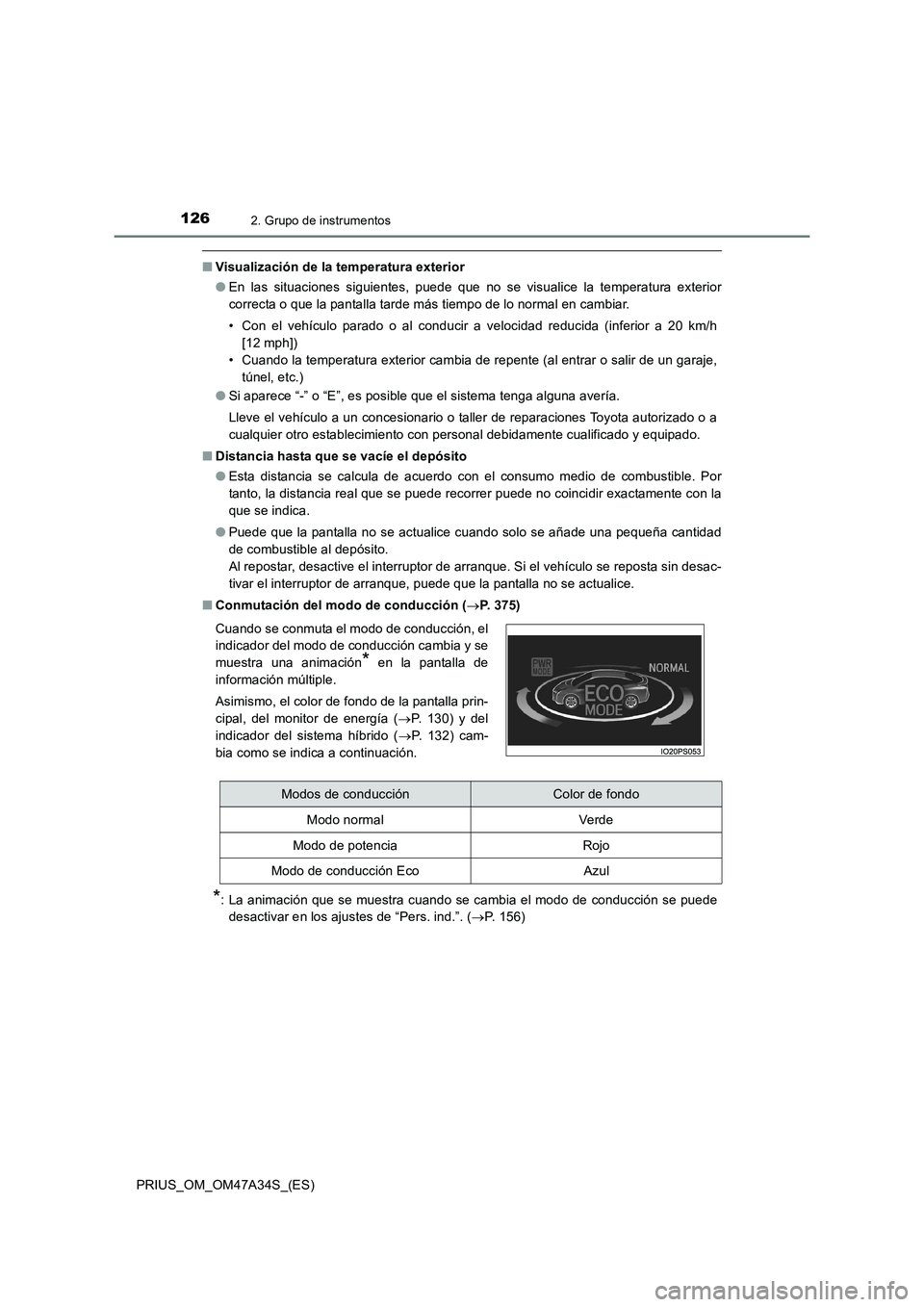 TOYOTA PRIUS 2015  Manual del propietario (in Spanish) 1262. Grupo de instrumentos
PRIUS_OM_OM47A34S_(ES)
■Visualización de la temperatura exterior
●En las situaciones siguientes, puede que no se visualice la temperatura exterior
correcta o que la pa