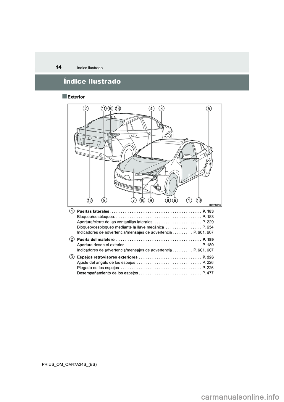 TOYOTA PRIUS 2015  Manual del propietario (in Spanish) 14Índice ilustrado
PRIUS_OM_OM47A34S_(ES)
Índice ilustrado
■Exterior
Puertas laterales. . . . . . . . . . . . . . . . . . . . . . . . . . . . . . . . . . . . . . . . .  P. 183
Bloqueo/desbloqueo. 