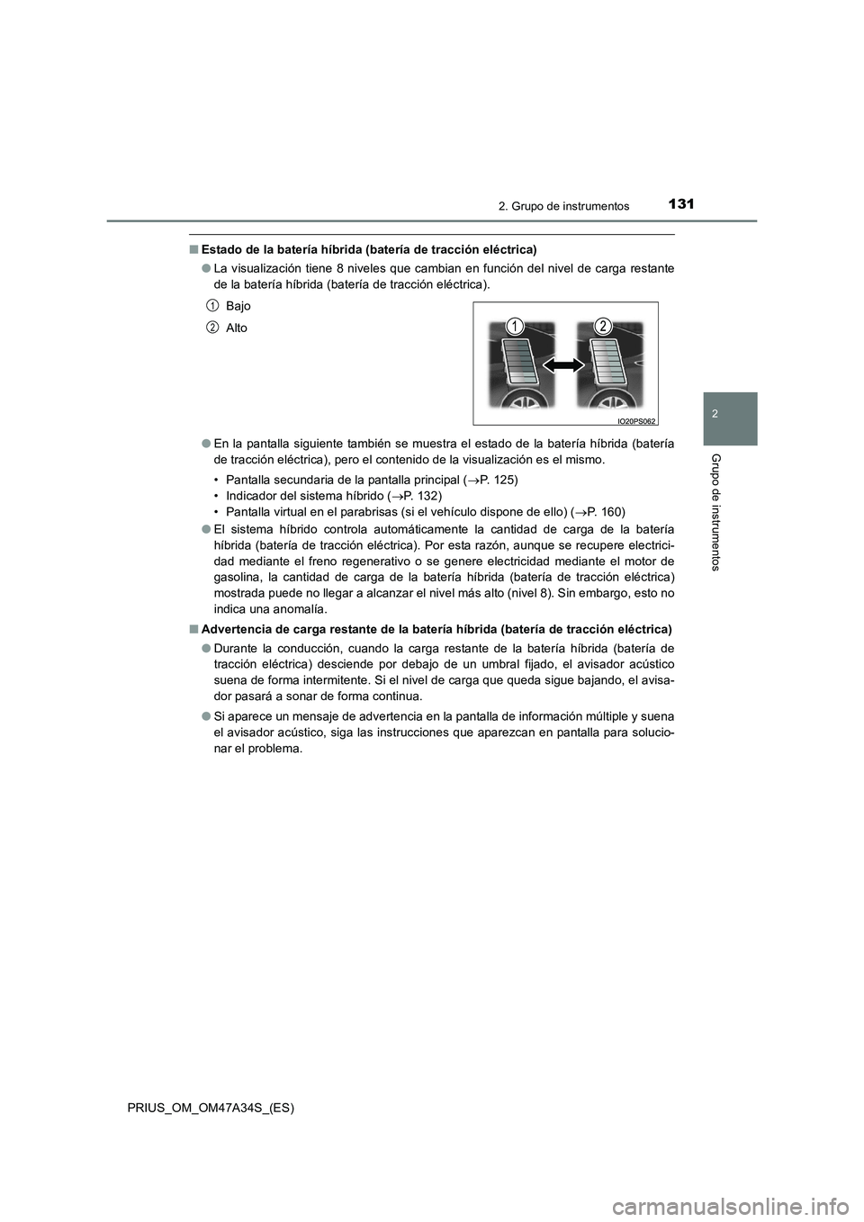 TOYOTA PRIUS 2015  Manual del propietario (in Spanish) 1312. Grupo de instrumentos
2
Grupo de instrumentos
PRIUS_OM_OM47A34S_(ES)
■Estado de la batería híbrida (batería de tracción eléctrica)
●La visualización tiene 8 niveles que cambian en func