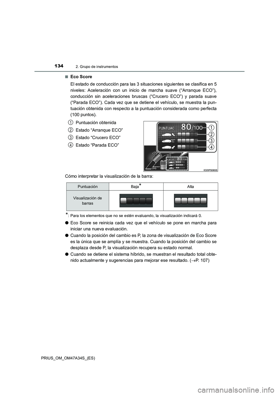 TOYOTA PRIUS 2015  Manual del propietario (in Spanish) 1342. Grupo de instrumentos
PRIUS_OM_OM47A34S_(ES)■
Eco Score
El estado de conducción para las 3 situaciones siguientes se clasifica en 5
niveles: Aceleración con un inicio de marcha suave (“Arr