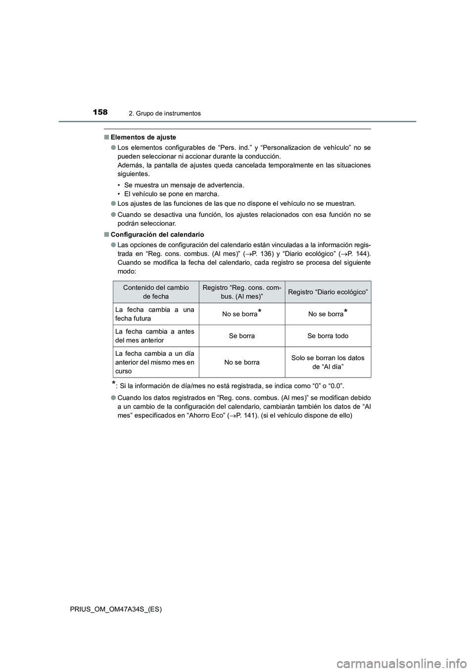 TOYOTA PRIUS 2015 Manual del propietario (in Spanish) 1582. Grupo de instrumentos
PRIUS_OM_OM47A34S_(ES)
■Elementos de ajuste
●Los elementos configurables de “Pers. ind.” y “Personalizacion de vehículo” no se
pueden seleccionar ni accionar d TOYOTA PRIUS 2015 Manual del propietario (in Spanish) 1582. Grupo de instrumentos
PRIUS_OM_OM47A34S_(ES)
■Elementos de ajuste
●Los elementos configurables de “Pers. ind.” y “Personalizacion de vehículo” no se
pueden seleccionar ni accionar d