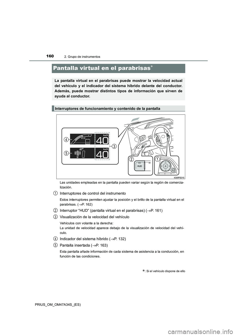 TOYOTA PRIUS 2015 Manual del propietario (in Spanish) 1602. Grupo de instrumentos
PRIUS_OM_OM47A34S_(ES)
Pantalla vir tual en el parabrisas∗
Las unidades empleadas en la pantalla pueden variar según la región de comercia-
lización.
Interruptores de TOYOTA PRIUS 2015 Manual del propietario (in Spanish) 1602. Grupo de instrumentos
PRIUS_OM_OM47A34S_(ES)
Pantalla vir tual en el parabrisas∗
Las unidades empleadas en la pantalla pueden variar según la región de comercia-
lización.
Interruptores de