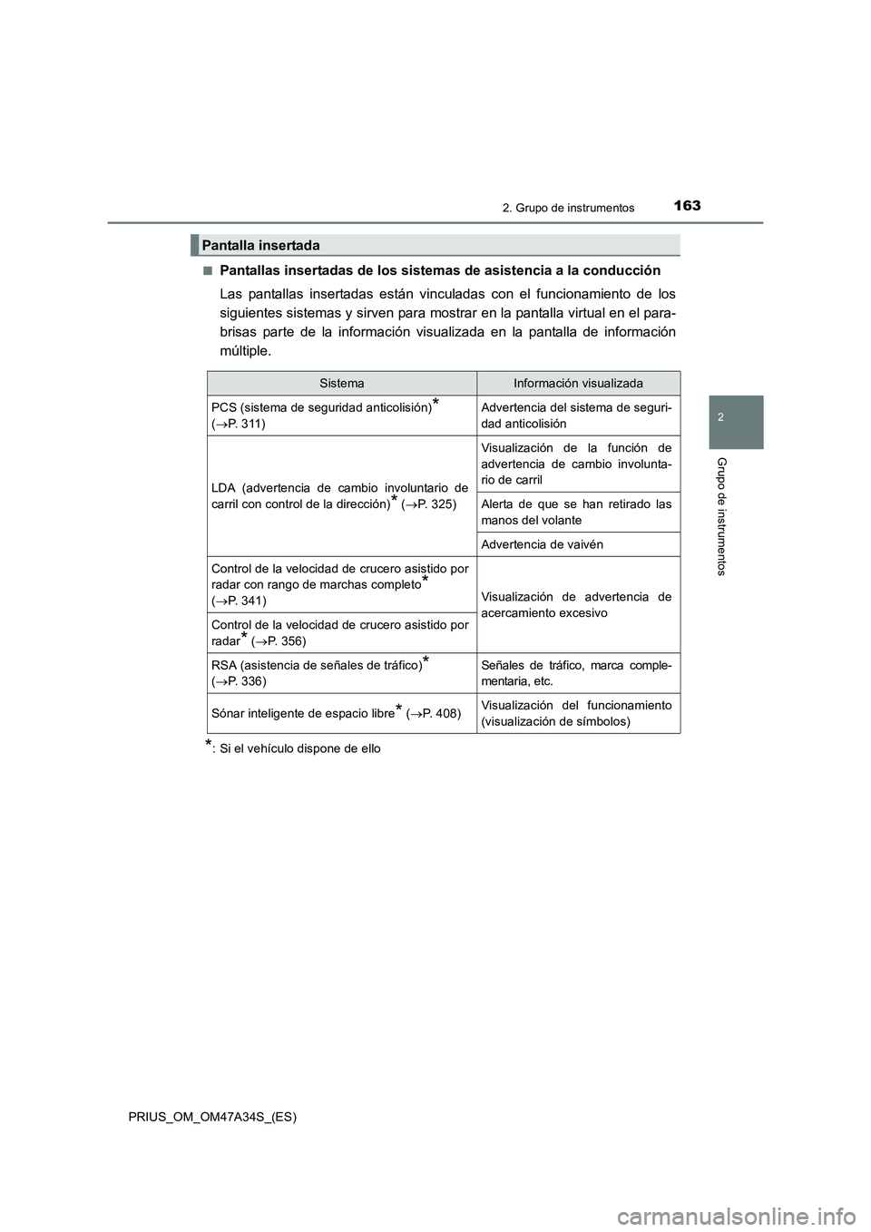 TOYOTA PRIUS 2015  Manual del propietario (in Spanish) 1632. Grupo de instrumentos
2
Grupo de instrumentos
PRIUS_OM_OM47A34S_(ES)■
Pantallas insertadas de los sistemas de asistencia a la conducción
Las pantallas insertadas están vinculadas con el func