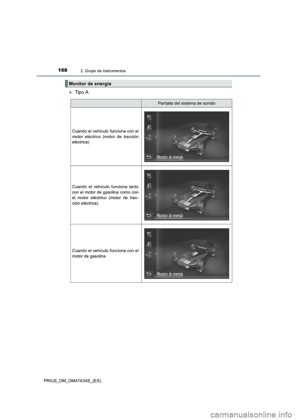 TOYOTA PRIUS 2015  Manual del propietario (in Spanish) 1682. Grupo de instrumentos
PRIUS_OM_OM47A34S_(ES)
�XTipo A
Monitor de energía
Pantalla del sistema de sonido
Cuando el vehículo funciona con el
motor eléctrico (motor de tracción
eléctrica)
Cuan