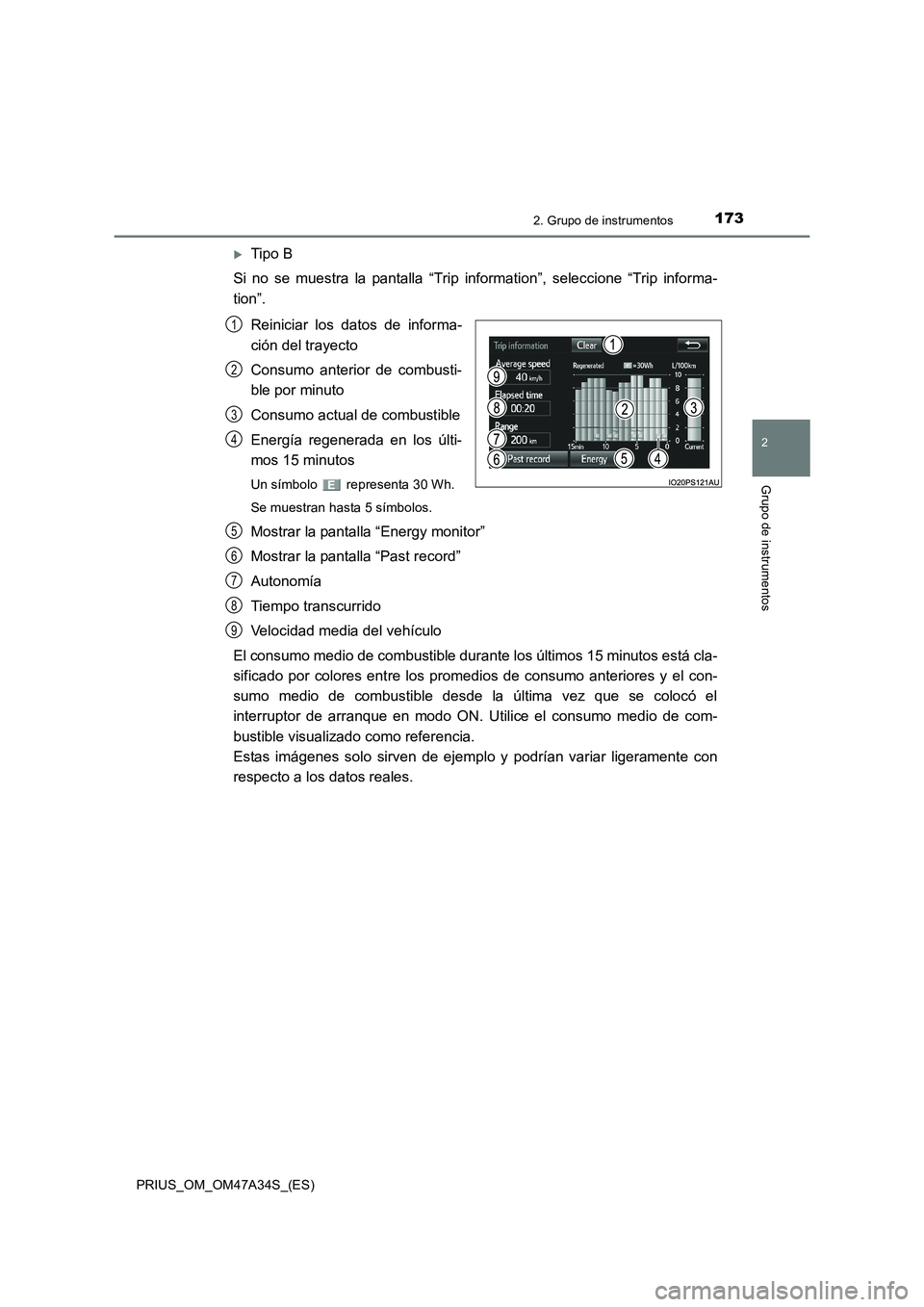 TOYOTA PRIUS 2015  Manual del propietario (in Spanish) 1732. Grupo de instrumentos
2
Grupo de instrumentos
PRIUS_OM_OM47A34S_(ES)
�XTipo B
Si no se muestra la pantalla “Trip  information”, seleccione “Trip informa-
tion”.
Reiniciar los datos de in