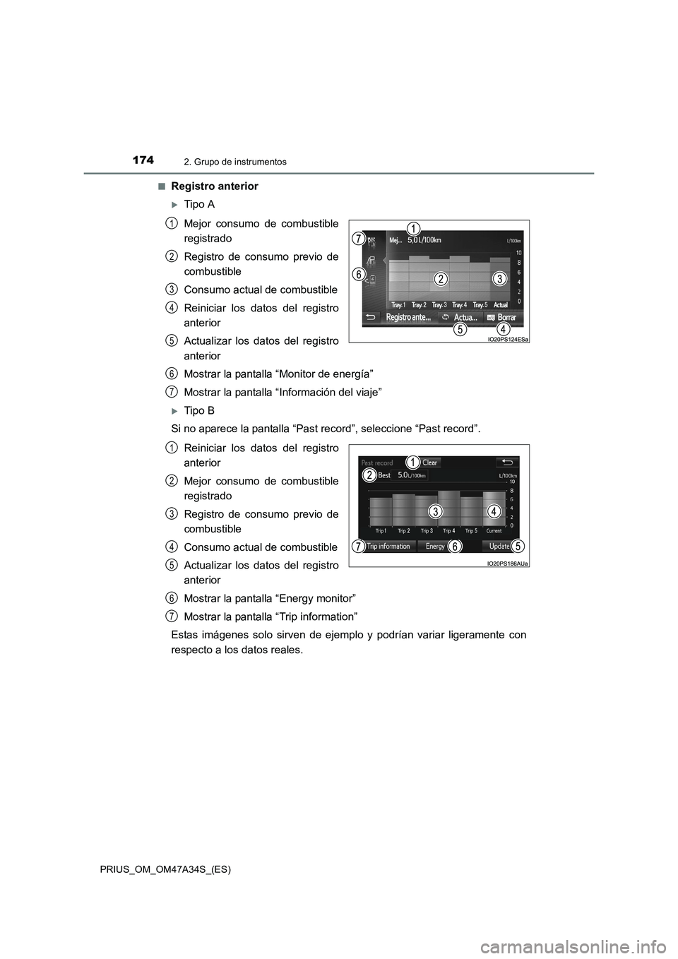 TOYOTA PRIUS 2015  Manual del propietario (in Spanish) 1742. Grupo de instrumentos
PRIUS_OM_OM47A34S_(ES)■
Registro anterior
�XTipo A
Mejor consumo de combustible
registrado
Registro de consumo previo de
combustible
Consumo actual de combustible
Reinici