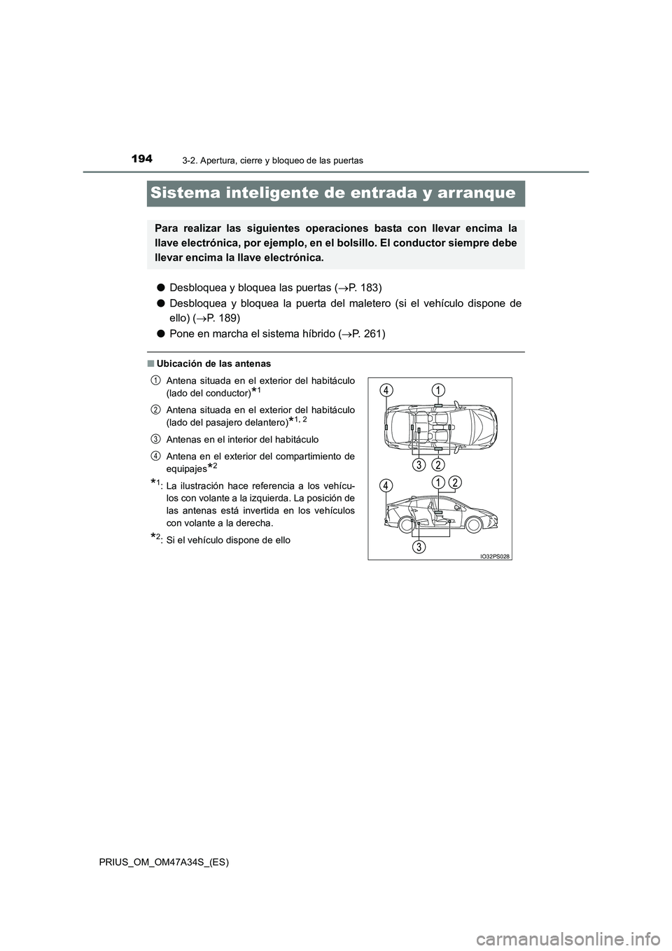 TOYOTA PRIUS 2015  Manual del propietario (in Spanish) 1943-2. Apertura, cierre y bloqueo de las puertas
PRIUS_OM_OM47A34S_(ES)
Sistema inteligente de entrada y arranque
●Desbloquea y bloquea las puertas ( →P. 183)
● Desbloquea y bloquea la puerta d