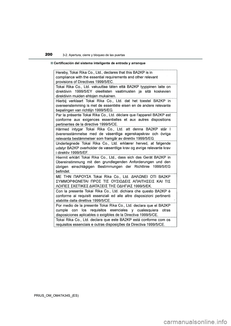 TOYOTA PRIUS 2015  Manual del propietario (in Spanish) 2003-2. Apertura, cierre y bloqueo de las puertas
PRIUS_OM_OM47A34S_(ES)■
Certificación del sistema inteligente de entrada y arranque 