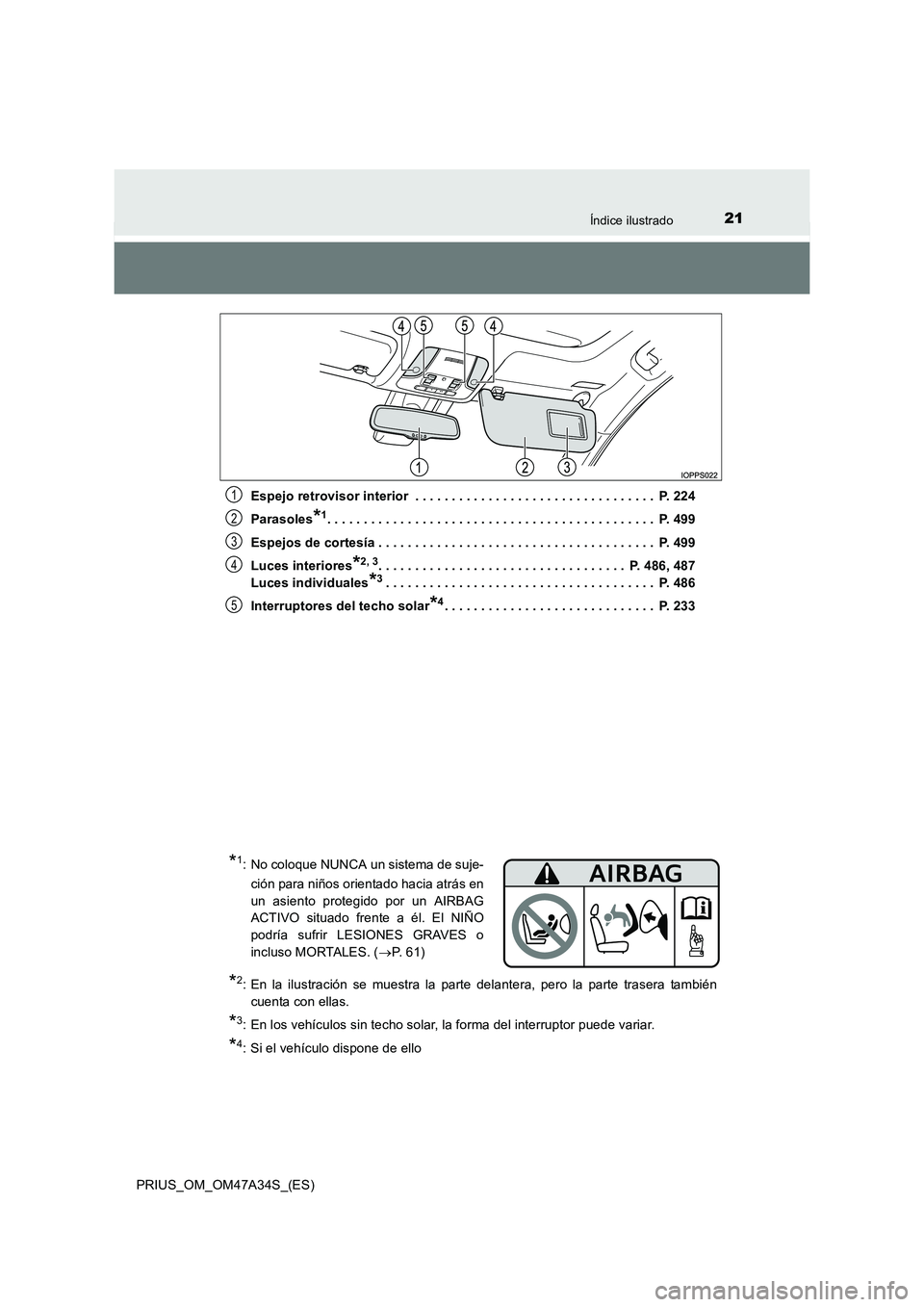 TOYOTA PRIUS 2015 Manual del propietario (in Spanish) 21Índice ilustrado
PRIUS_OM_OM47A34S_(ES)Espejo retrovisor interior . . . . . . . . . . . . . . . . . . . . . . . . . . . . . . . . . P. 224
Parasoles
*1. . . . . . . . . . . . . . . . . . . . . . TOYOTA PRIUS 2015 Manual del propietario (in Spanish) 21Índice ilustrado
PRIUS_OM_OM47A34S_(ES)Espejo retrovisor interior . . . . . . . . . . . . . . . . . . . . . . . . . . . . . . . . . P. 224
Parasoles
*1. . . . . . . . . . . . . . . . . . . . . .