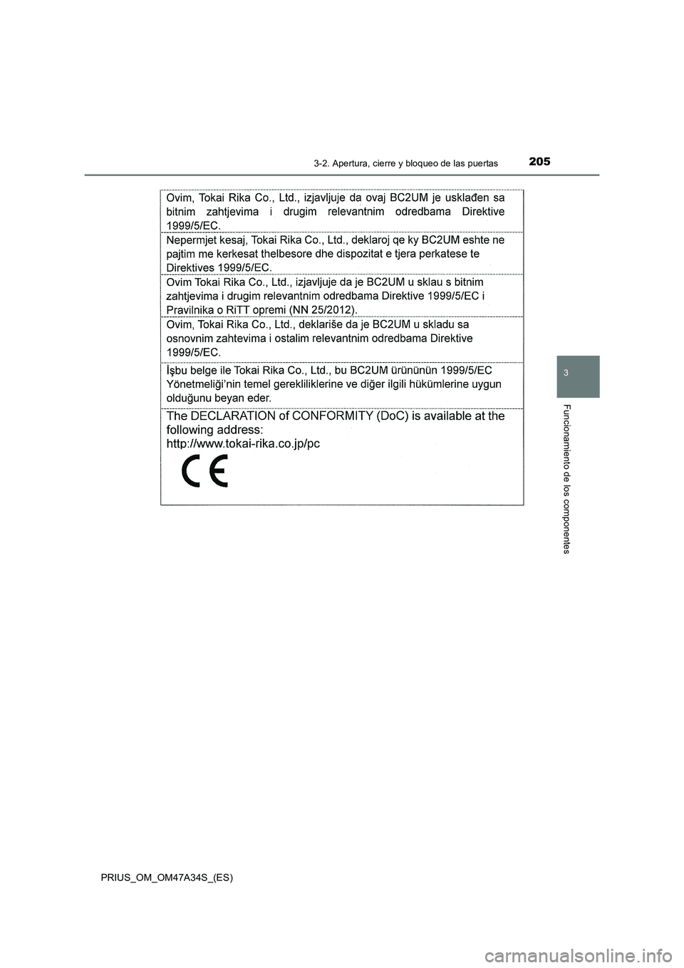 TOYOTA PRIUS 2015 Manual del propietario (in Spanish) 2053-2. Apertura, cierre y bloqueo de las puertas
3
Funcionamiento de los componentes
PRIUS_OM_OM47A34S_(ES) TOYOTA PRIUS 2015 Manual del propietario (in Spanish) 2053-2. Apertura, cierre y bloqueo de las puertas
3
Funcionamiento de los componentes
PRIUS_OM_OM47A34S_(ES)