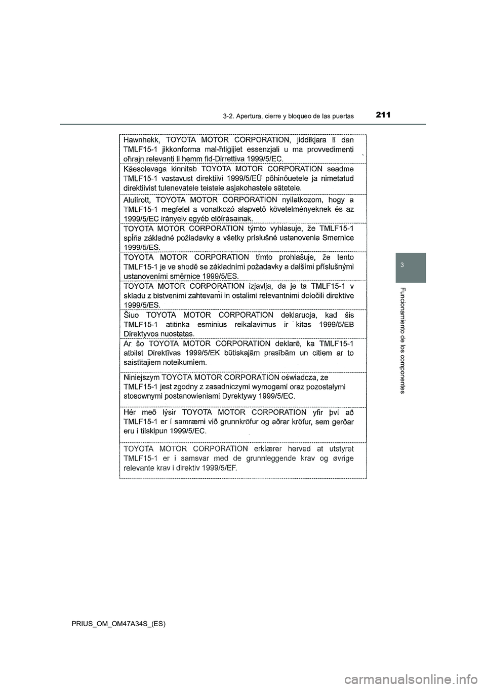 TOYOTA PRIUS 2015  Manual del propietario (in Spanish) 2113-2. Apertura, cierre y bloqueo de las puertas
3
Funcionamiento de los componentes
PRIUS_OM_OM47A34S_(ES) 