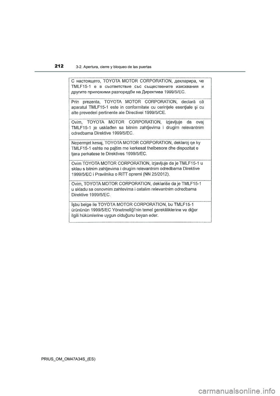TOYOTA PRIUS 2015  Manual del propietario (in Spanish) 2123-2. Apertura, cierre y bloqueo de las puertas
PRIUS_OM_OM47A34S_(ES) 