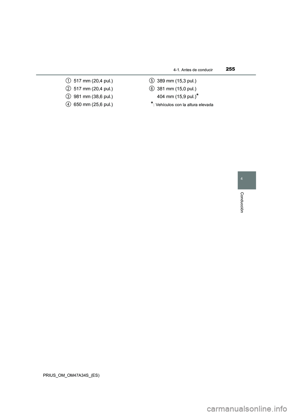 TOYOTA PRIUS 2015  Manual del propietario (in Spanish) 2554-1. Antes de conducir
4
Conducción
PRIUS_OM_OM47A34S_(ES)
517 mm (20,4 pul.)
517 mm (20,4 pul.)
981 mm (38,6 pul.)
650 mm (25,6 pul.)389 mm (15,3 pul.)
381 mm (15,0 pul.)
404 mm (15,9 pul.)
*
*
: