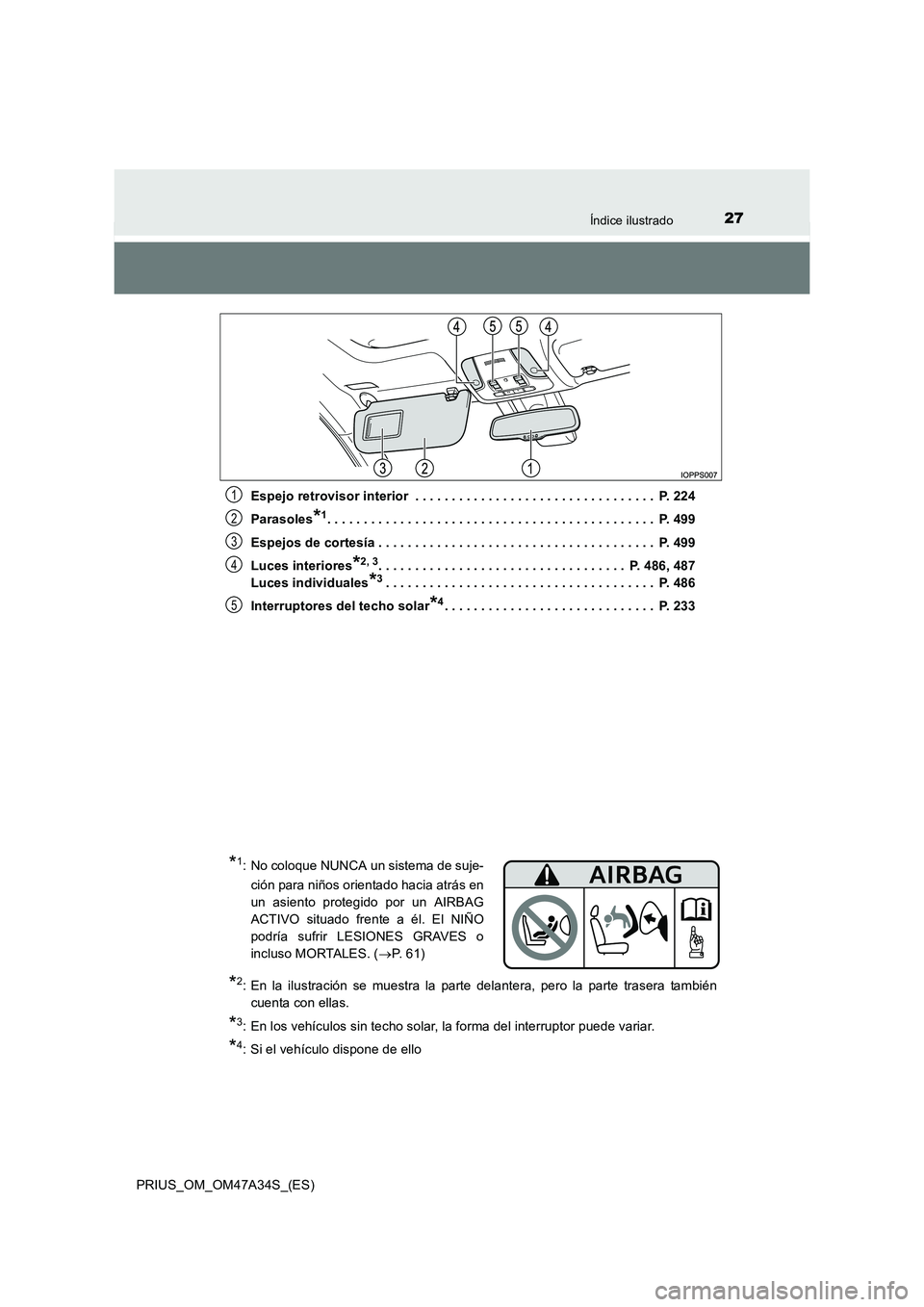 TOYOTA PRIUS 2015 Manual del propietario (in Spanish) 27Índice ilustrado
PRIUS_OM_OM47A34S_(ES)Espejo retrovisor interior . . . . . . . . . . . . . . . . . . . . . . . . . . . . . . . . . P. 224
Parasoles
*1. . . . . . . . . . . . . . . . . . . . . . TOYOTA PRIUS 2015 Manual del propietario (in Spanish) 27Índice ilustrado
PRIUS_OM_OM47A34S_(ES)Espejo retrovisor interior . . . . . . . . . . . . . . . . . . . . . . . . . . . . . . . . . P. 224
Parasoles
*1. . . . . . . . . . . . . . . . . . . . . .