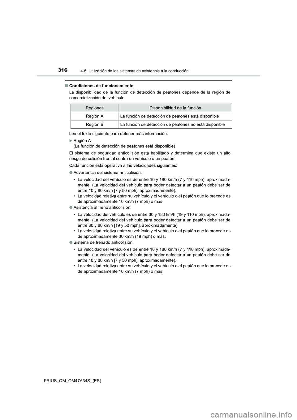 TOYOTA PRIUS 2015 Manual del propietario (in Spanish) 3164-5. Utilización de los sistemas de asistencia a la conducción
PRIUS_OM_OM47A34S_(ES)
■Condiciones de funcionamiento
La disponibilidad de la función de detección de peatones depende de la reg TOYOTA PRIUS 2015 Manual del propietario (in Spanish) 3164-5. Utilización de los sistemas de asistencia a la conducción
PRIUS_OM_OM47A34S_(ES)
■Condiciones de funcionamiento
La disponibilidad de la función de detección de peatones depende de la reg