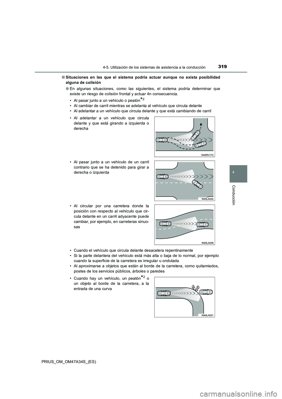 TOYOTA PRIUS 2015 Manual del propietario (in Spanish) 3194-5. Utilización de los sistemas de asistencia a la conducción
4
Conducción
PRIUS_OM_OM47A34S_(ES)■
Situaciones en las que el sistema podría actuar aunque no exista posibilidad
alguna de coli TOYOTA PRIUS 2015 Manual del propietario (in Spanish) 3194-5. Utilización de los sistemas de asistencia a la conducción
4
Conducción
PRIUS_OM_OM47A34S_(ES)■
Situaciones en las que el sistema podría actuar aunque no exista posibilidad
alguna de coli