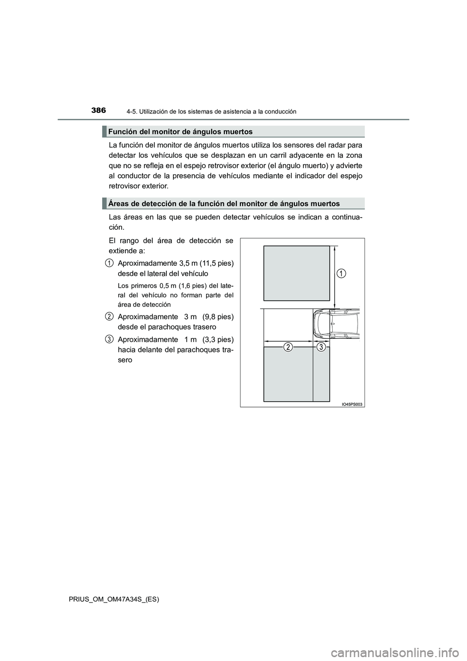 TOYOTA PRIUS 2015  Manual del propietario (in Spanish) 3864-5. Utilización de los sistemas de asistencia a la conducción
PRIUS_OM_OM47A34S_(ES)
La función del monitor de ángulos muertos utiliza los sensores del radar para
detectar los vehículos que s