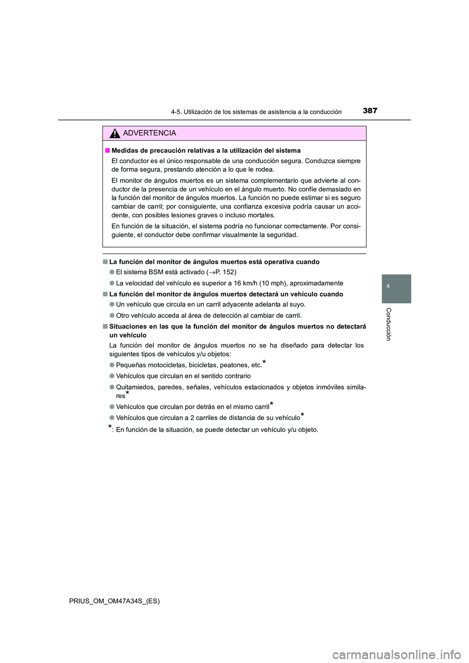 TOYOTA PRIUS 2015  Manual del propietario (in Spanish) 3874-5. Utilización de los sistemas de asistencia a la conducción
4
Conducción
PRIUS_OM_OM47A34S_(ES)
■La función del monitor de ángulos muertos está operativa cuando
●El sistema BSM está a