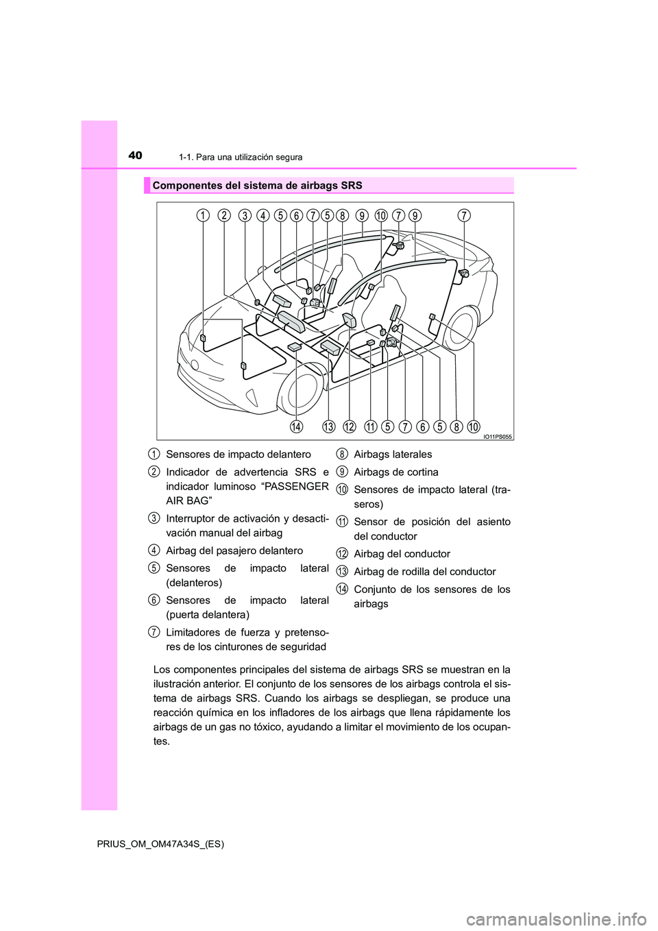 TOYOTA PRIUS 2015 Manual del propietario (in Spanish) 401-1. Para una utilización segura
PRIUS_OM_OM47A34S_(ES)
Los componentes principales del sistema de airbags SRS se muestran en la
ilustración anterior. El conjunto de los sensores de los airbags co TOYOTA PRIUS 2015 Manual del propietario (in Spanish) 401-1. Para una utilización segura
PRIUS_OM_OM47A34S_(ES)
Los componentes principales del sistema de airbags SRS se muestran en la
ilustración anterior. El conjunto de los sensores de los airbags co