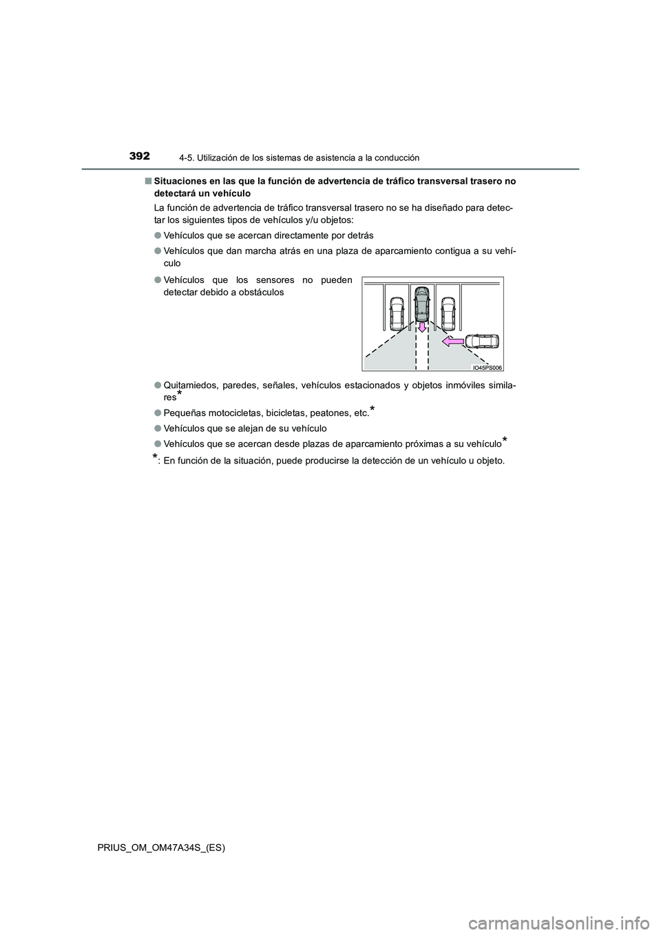 TOYOTA PRIUS 2015 Manual del propietario (in Spanish) 3924-5. Utilización de los sistemas de asistencia a la conducción
PRIUS_OM_OM47A34S_(ES)■
Situaciones en las que la función de advertencia de tráfico transversal trasero no
detectará un vehícu TOYOTA PRIUS 2015 Manual del propietario (in Spanish) 3924-5. Utilización de los sistemas de asistencia a la conducción
PRIUS_OM_OM47A34S_(ES)■
Situaciones en las que la función de advertencia de tráfico transversal trasero no
detectará un vehícu