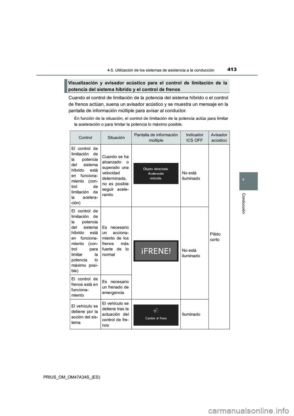 TOYOTA PRIUS 2015 Manual del propietario (in Spanish) 4134-5. Utilización de los sistemas de asistencia a la conducción
4
Conducción
PRIUS_OM_OM47A34S_(ES)
Cuando el control de limitación de la potencia del sistema híbrido o el control
de frenos act TOYOTA PRIUS 2015 Manual del propietario (in Spanish) 4134-5. Utilización de los sistemas de asistencia a la conducción
4
Conducción
PRIUS_OM_OM47A34S_(ES)
Cuando el control de limitación de la potencia del sistema híbrido o el control
de frenos act